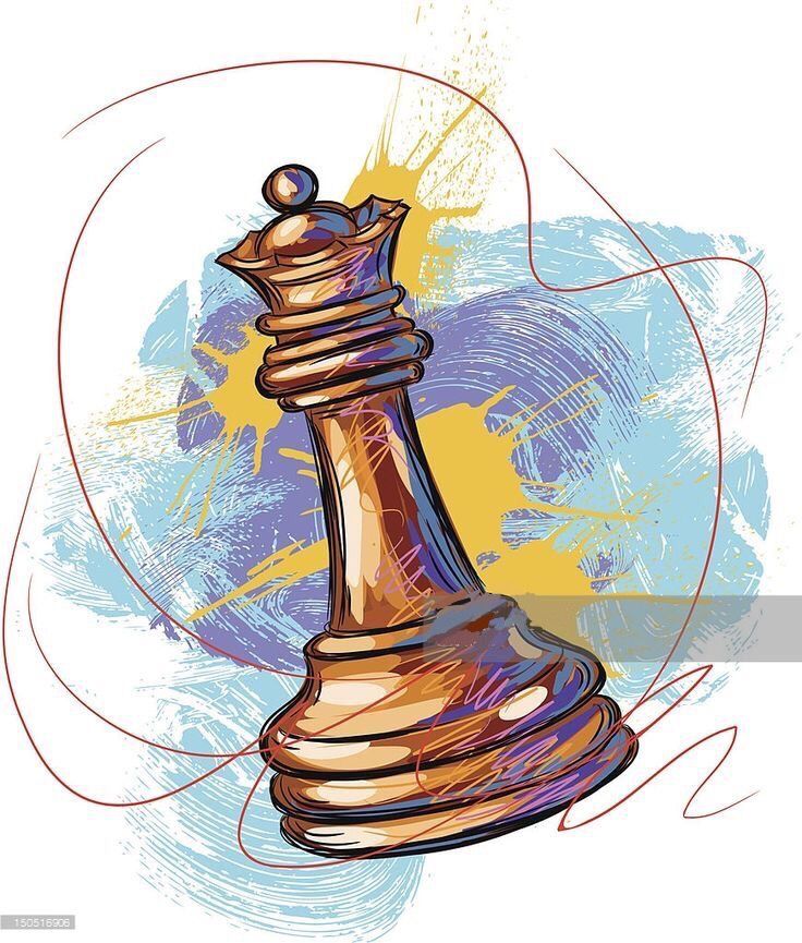 a drawing of a chess piece on a blue and yellow paint splattered background