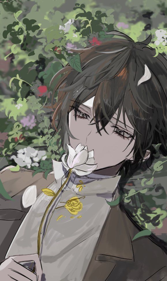 an anime character with black hair and white shirt holding a flower in front of his face