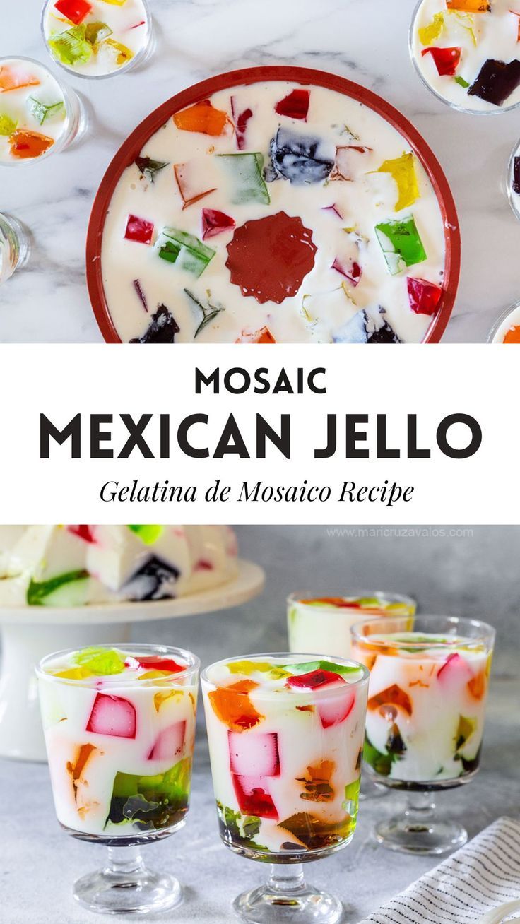 Collage with 2 photos of Mexican Jello "gelatina de Mosaico". Mexican Gelatina, Mexican Jello, Mexican Jello Recipe, Jello Deserts, Jello Mold Recipes, Jello Dessert Recipes, Gelatin Recipes, Jello Desserts, Mexican Dessert Recipes