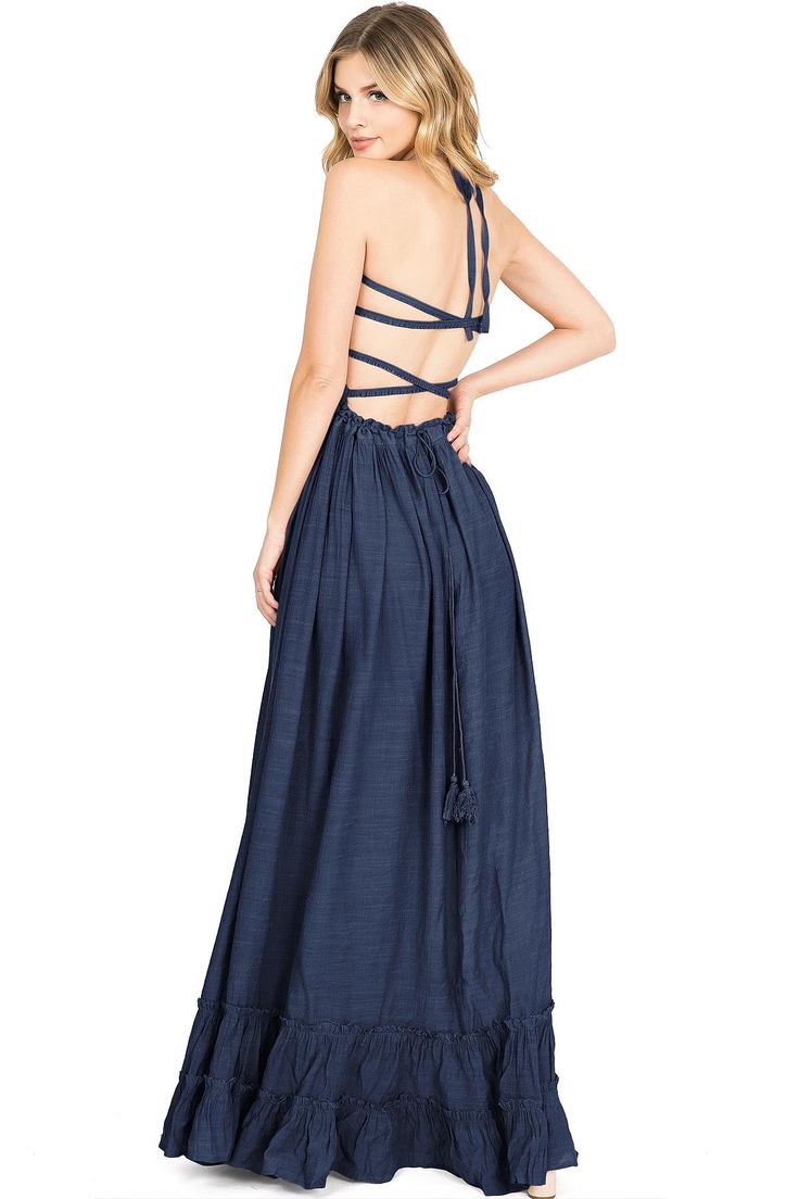 Crinkle maxi dress with a stretchy smocked bodice and halter neck tie. Bare, strappy back with a?drawstring tie at the waist. Pleating at?the waist with a full skirt bottom. Partially lined. CARE | Hand Wash Cold? CONTENTS | 100%?Polyester/Lining: 100% PolyesterMEASUREMENTS |?54"/137 cm Top to Bottom (Size Small) MODEL | 5'8 - wearing a size SmallIMPORTED Flowy Maxi Dress With Smocked Bodice, Summer Beach Maxi Dress With Drawstring, Flowy Maxi Dress With Smocked Back, Maxi Dress With Smocked Back And Flowy Skirt, Spring Maxi Dress With Lace-up Back, Ruched Flowy Maxi Dress, Beach Backless Maxi Dress With Ruched Back, Beach Halter Dress With Strappy Tie Back, Backless Beach Maxi Dress With Ruched Back