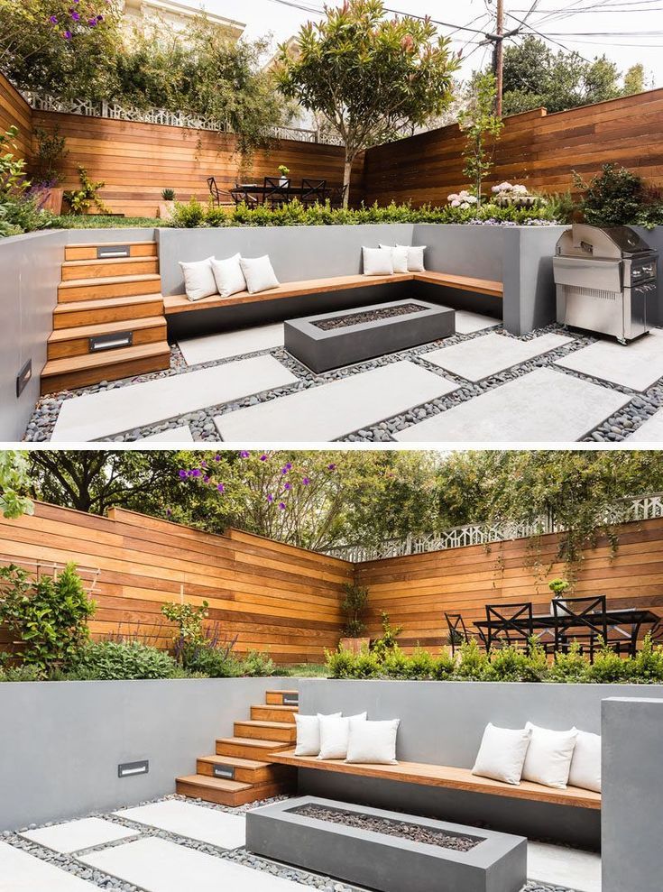 two pictures of an outdoor seating area with benches and fire pit in the middle, surrounded by greenery