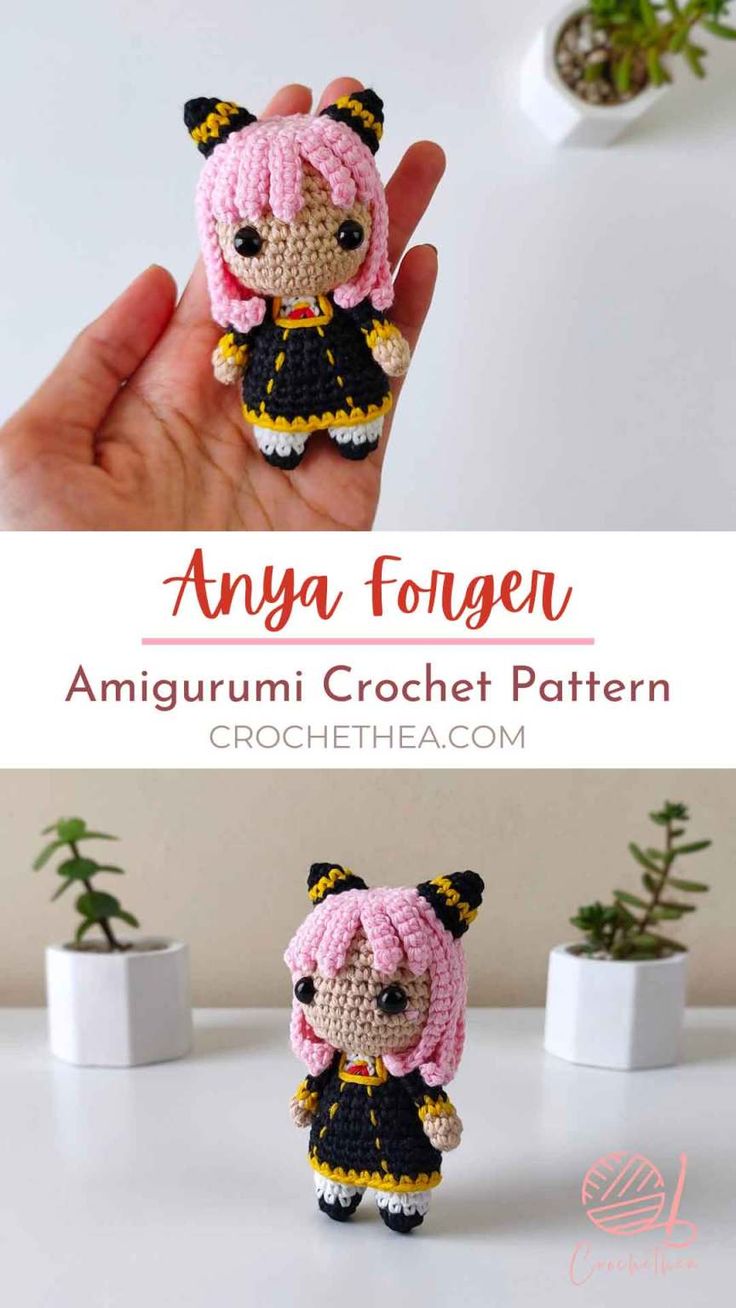 an amigurmi crochet doll is shown in the foreground and on the background