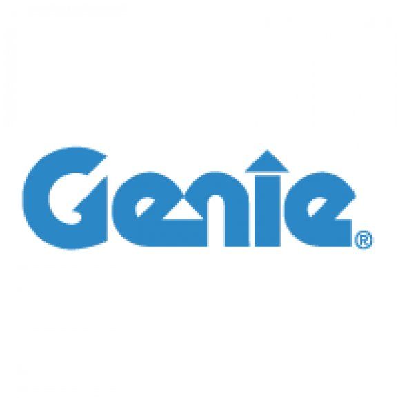 the logo for genie is shown on a white background with blue letters and an arrow