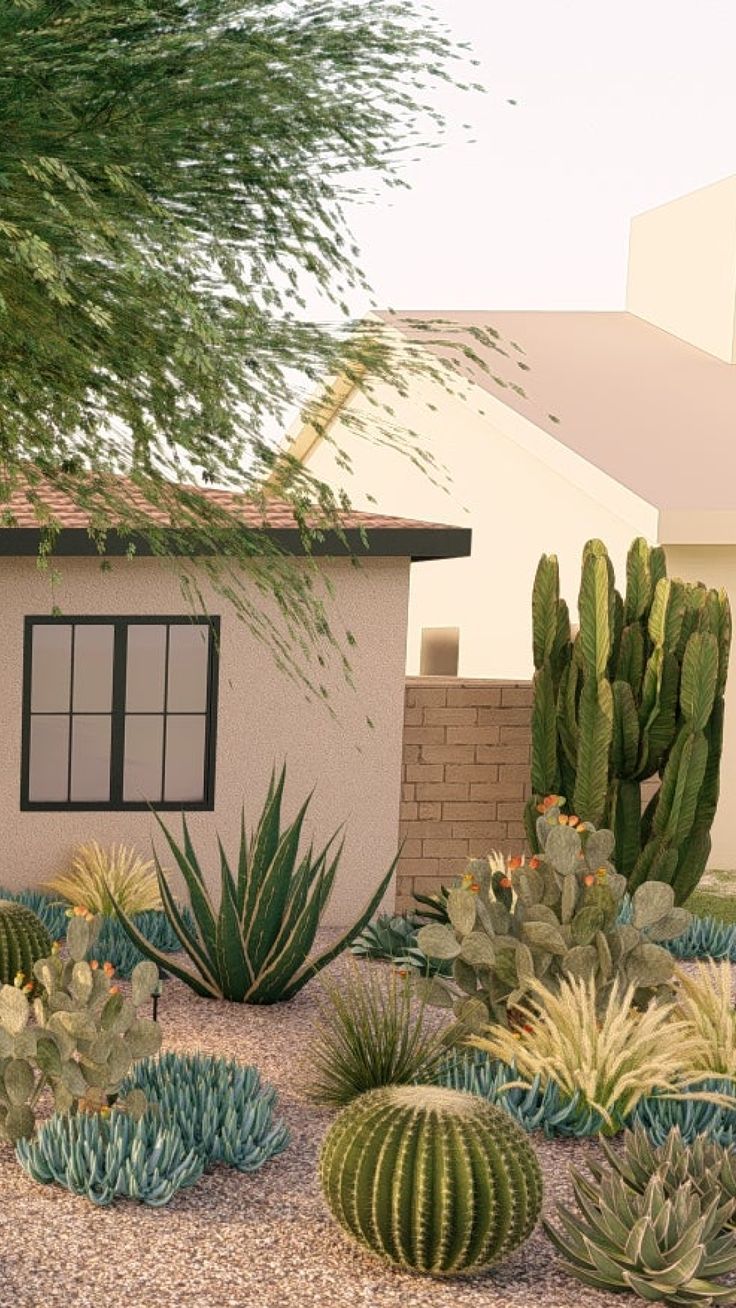 a cactus garden with cacti and succulents in front of a house