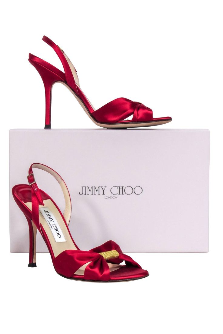 Current Boutique-Jimmy Choo - Red Satin Open Toe Pumps Sz 7.5 Luxury Satin Sandals For Party, Luxury Satin Party Sandals, Holiday Open Toe Heels With 4-inch Heel, Evening Satin Sandals With Round Toe, Party Satin Sandals With Open Heel, Satin Party Sandals With Padded Heel, Satin Open Heel Party Sandals, Satin Open Heel Sandals For Party, Luxury Satin Open Heel Heels