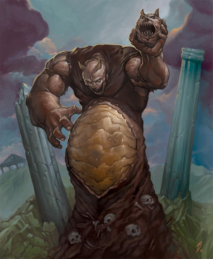 a painting of a giant man with his hands on his hips