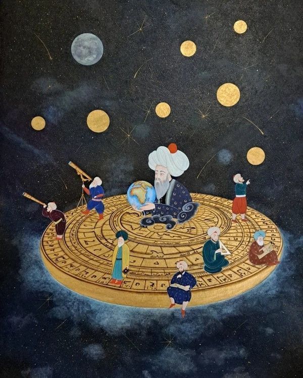 an image of a painting with people on it in the middle of a circular structure