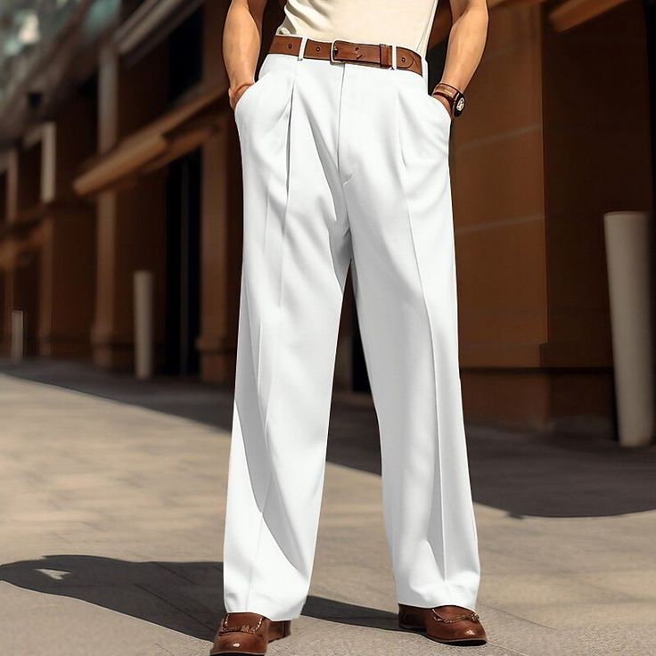 Season:Spring  Summer; Fabric:Polyester; Gender:Men's; Style:Basic,Fashion; Occasion:Wedding,Business,Beach; Fit Type:Loose Fit; Function:Breathable,Comfort; Waistline:Mid Waist; Pattern:Plain; Design:Wide Leg,Front Pocket,Straight Leg; Brand:OUKU; Pants Type:Dress Pants,Trousers,Baggy Pants,Casual Pants,Pleated Pants,Suit Pants; Fly Type:Button; Front page:FF; Listing Date:08/21/2023; Hips:; Length:; Waist:; Fit US Size:null; Fit UK Size:null; Fit EU Size:null Mens Outerwear Fashion, Men's Dress Pants, Ripped Jeans Men, Trousers Casual, Streetwear Mens, Mens Dress Pants, Pants Suit, Straight Trousers, Denim Jacket Men