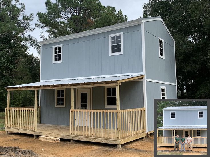 two people are standing on the porch of a tiny house that's built into the ground