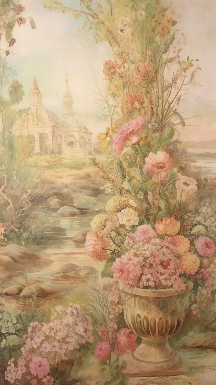 a painting of flowers in a vase on the ground next to a river and church