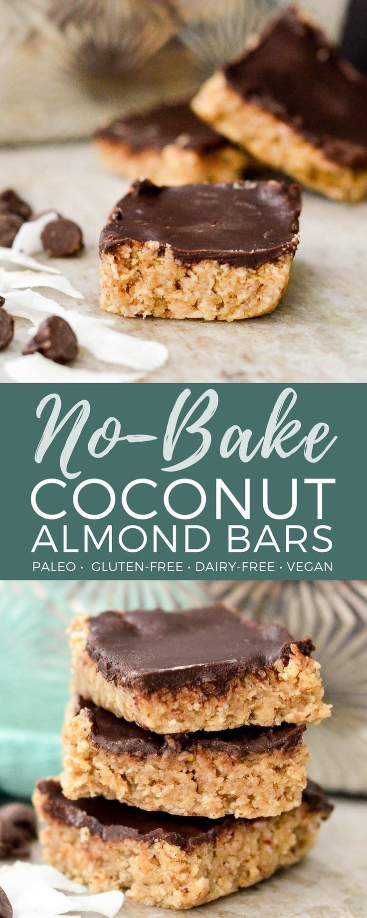 no bake chocolate coconut almond bars are stacked on top of each other and ready to be eaten