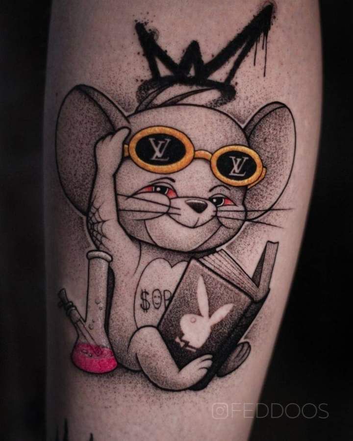 a cat with glasses and a book on it's leg is shown in black ink