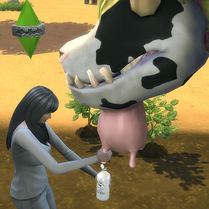 a woman is feeding a cow with a bottle in front of her and an arrow pointing to the cow's mouth