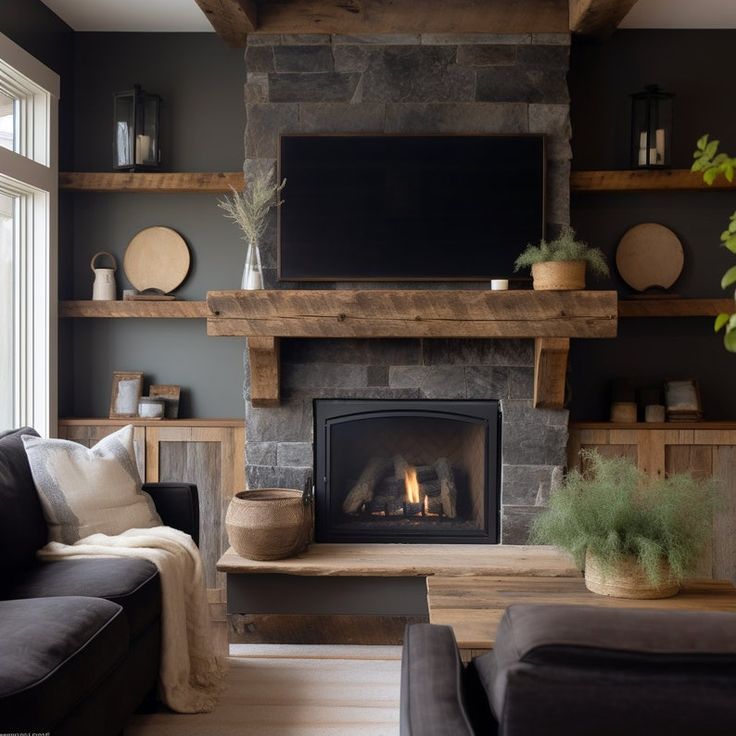 a living room filled with furniture and a fire place under a flat screen tv mounted above a fireplace