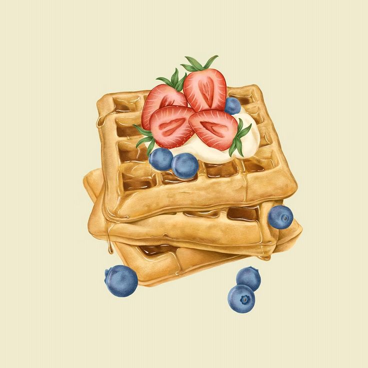 a painting of waffles with blueberries and strawberries on top