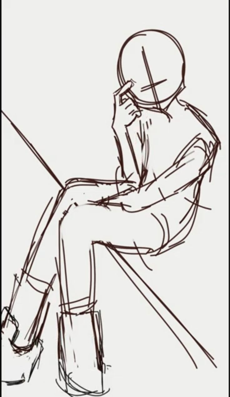 a drawing of a person sitting on a bench with their legs crossed and head down