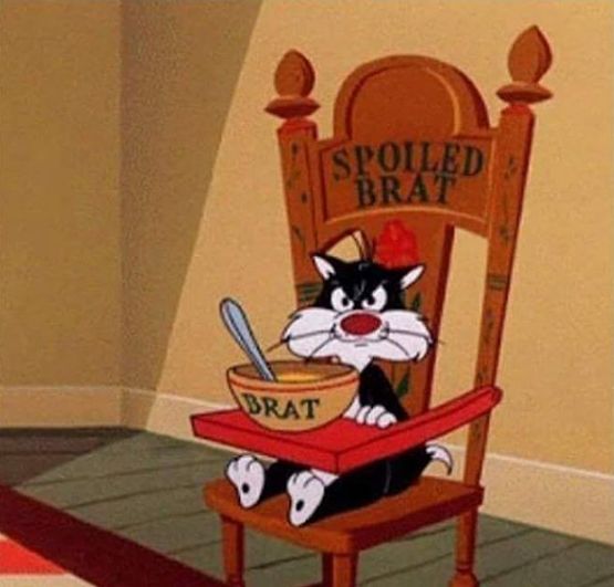 a black and white cat sitting in a wooden chair with a bowl of cereal on it