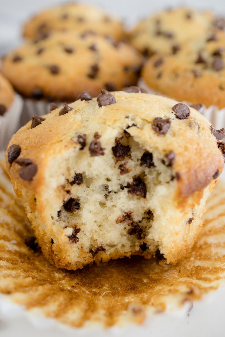 chocolate chip muffins are sitting on a paper plate