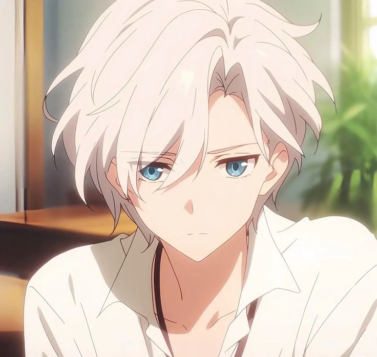 an anime character with white hair and blue eyes