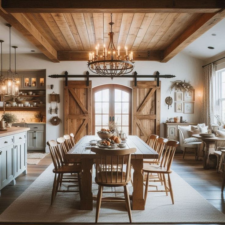 a dining room table with chairs and a chandelier hanging from the wooden ceiling