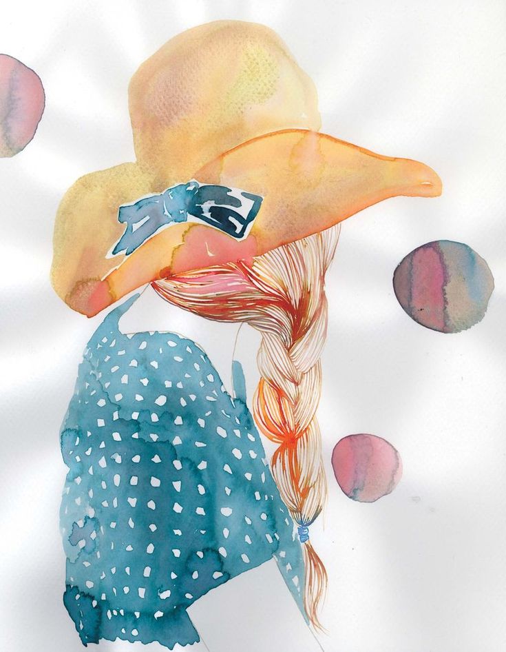 a watercolor painting of a woman wearing a straw hat and blue polka dot dress