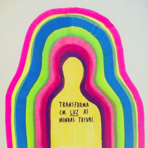 a drawing of a person in the middle of a rainbow tunnel with words written on it