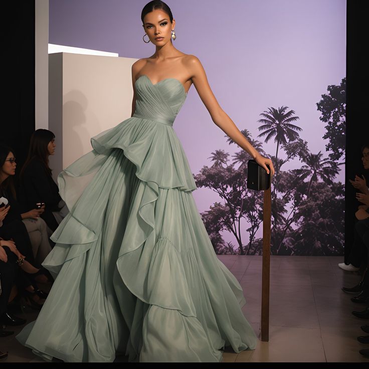 Ball gown Gown Colors, Organza Ball Gown, Strapless Sweetheart Neckline, Event Outfit, Ruffled Skirt, Green Style, Pleated Bodice, Wear Green, Formal Attire