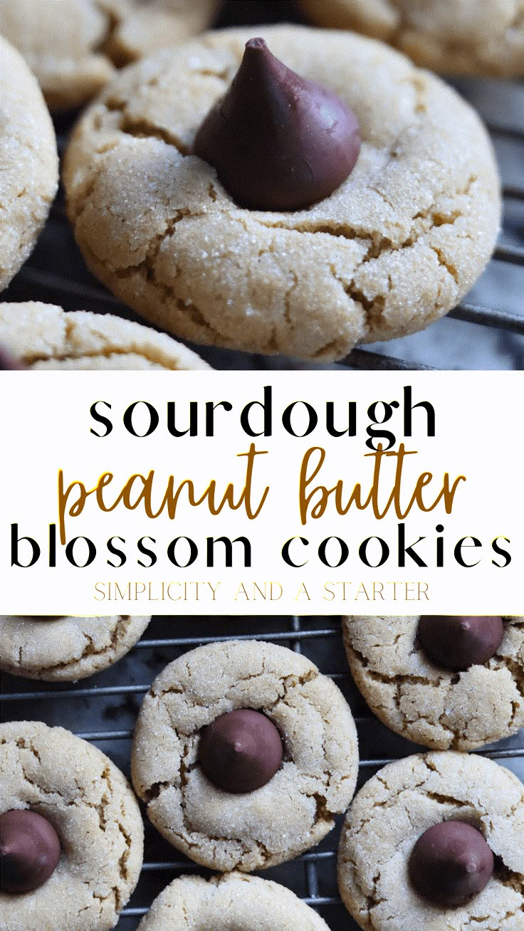 some cookies with chocolate on top and the words, sourdough peanut butter blossom cookies