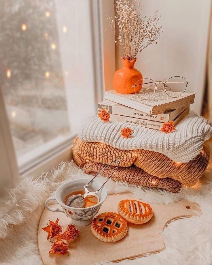 a stack of books and cookies sitting on top of a white rug next to a window