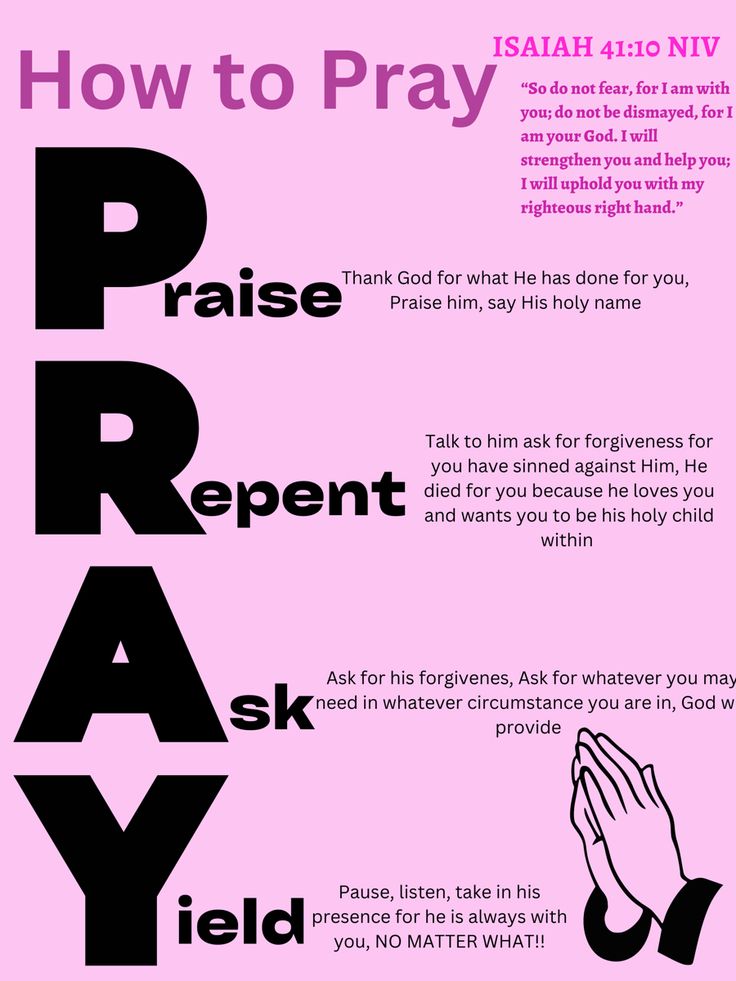 a pink poster with the words pray and hands in black on it, which reads how to pray