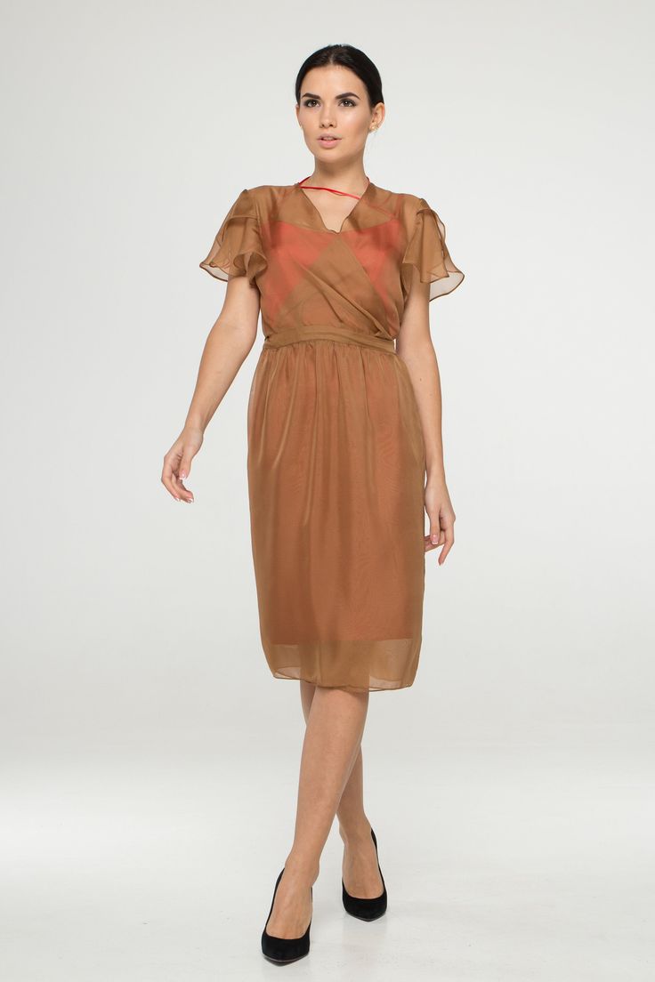 "A sheer chiffon see through dress featuring v-neckline, short butterfly sleeves, and a midi length. - Wrap tie closure - Trapeze silhouette - V-neck - Knee length (midi) - short sleeves - Color: caramel brown - Layering garments not included (black dress you can see here: https://www.etsy.com/listing/741956358/black-camisole-slip-lace-dress-cocktail?ref=shop_home_active_5&pro=1&frs=1) Fiber: chiffon Estimated shipping time: 10-12 business days For size S:dress length- 42,0 \" (107 cm) O Evening Midi Dress With Sheer Sleeves And V-neck, Flowy Short Sleeve Chiffon Dress For Summer, Flowy Chiffon Short Sleeve Dress For Summer, Elegant Summer V-neck Dress With Flutter Sleeves, Summer Short Sleeve Chiffon Dress, Elegant Midi-length Mesh Dress, Chic V-neck Mesh Dress For Evening, Summer Chiffon Short Sleeve Dress, Flowy Chiffon Short Sleeve Dress For Evening