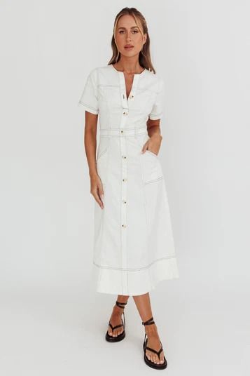 Shop the Aspen Love Front Pocket Midi Dress White | Selfie Leslie Summer Button-up Midi Dress With Pockets, Fitted Button-up Midi Dress With Pockets, Summer Midi Dress With Buttoned Pockets, Chic Midi Dress With Pockets For Casual Wear, Belted Knee-length Midi Dress For Day Out, Knee-length Belted Midi Dress For Day Out, Chic Daywear Dresses With Slip Pockets, Midi Length Shirt Dress With Pockets For Daywear, Mid-length Dresses With Pockets For Day Out