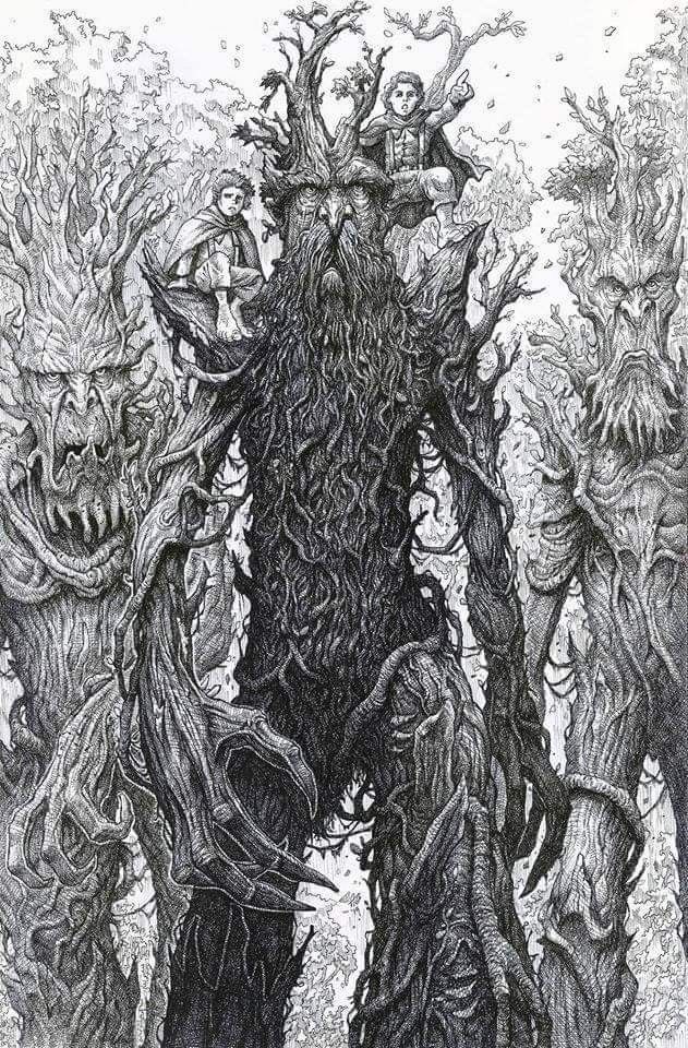 a drawing of an evil man surrounded by other demonic looking creatures in the woods with trees