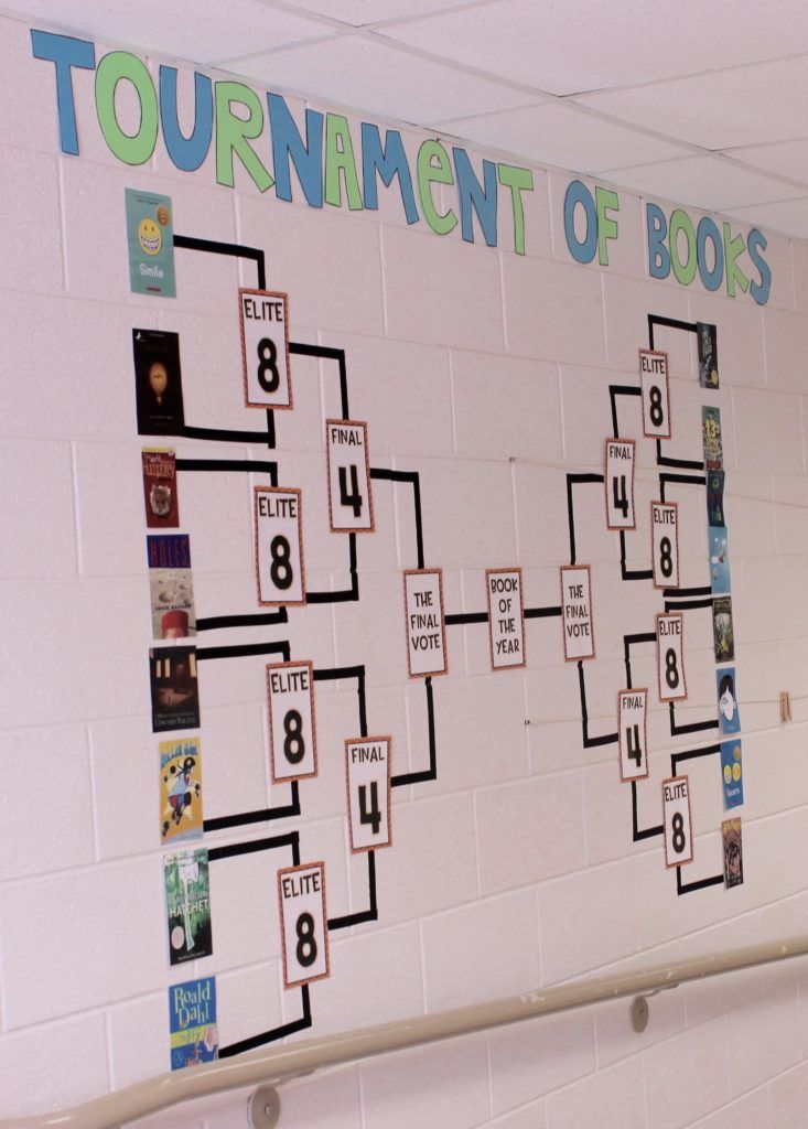 a white wall with a bunch of books on it in front of a sign that says tournament of books