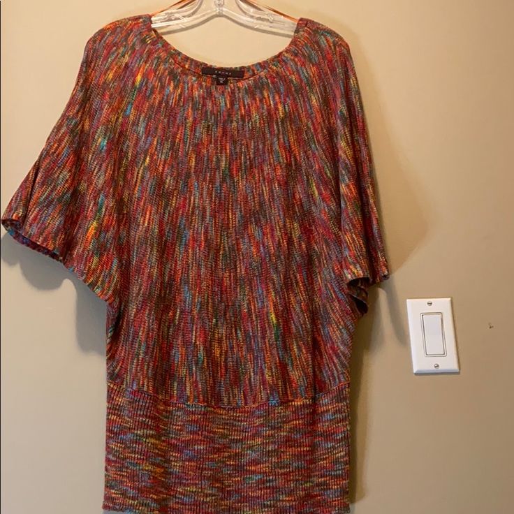 Multi Color Knit Sweater With Batwing Short Sleeves Can Be Worn As A Mini Dress Fever Size Xl Nwot Make Me An Offer Multicolor Knit Sweater With Short Sleeves, Multicolor Knit Short Sleeve Sweater, Multicolor Short Sleeve Knit Sweater, Casual Multicolor Textured Knit Top, Multicolor Knit Tops, Casual Multicolor Stretch Knit Top, Multicolor Short Sleeve Sweater, Multicolor Stretch Knit Top, Spring Multicolor Textured Knit Tops