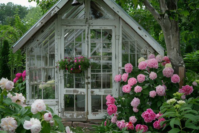 an old greenhouse with pink and white flowers in the foreground, surrounded by greenery