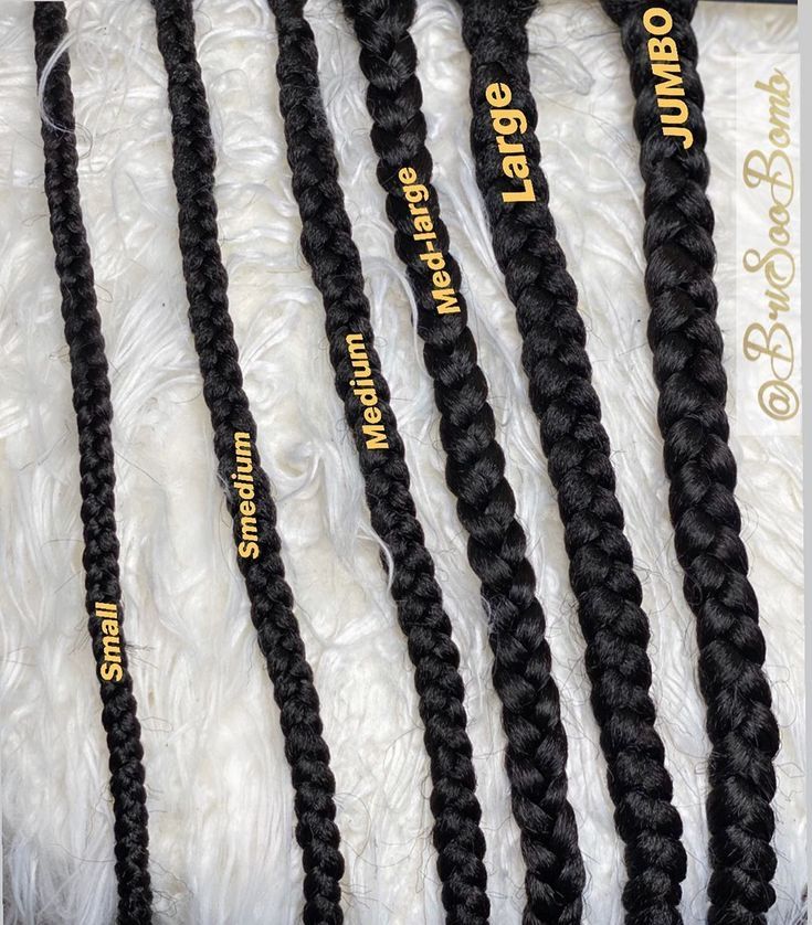 Different Box Braid Sizes, Different Braid Sizes, Different Size Braids, Braid Sizes Chart, Different Type Of Braids For Black Women, Smedium Braid Chart, Box Braid Length Chart, Box Braids Types, Knotless Braids Sizes