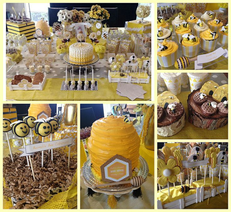 a collage of photos with yellow and white desserts on display at a bee themed birthday party