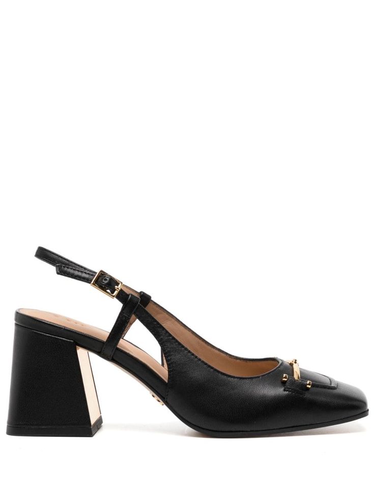 black calf leather square toe gold-tone hardware buckle-fastening slingback strap branded leather insole high block heel rubber sole Ted Baker Shoes, White Pumps, Iconic Bags, Ted Baker London, Summer Beach Wear, Sling Back, Flat Boots, Slingback Pump, Ballet Flat Shoes