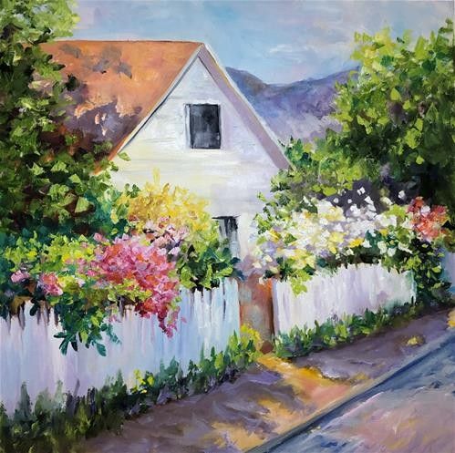 a painting of a white house with flowers in the front yard and trees behind it