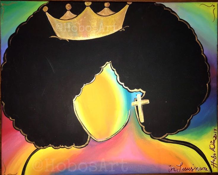 a painting of a woman's afro with a crown on her head and cross