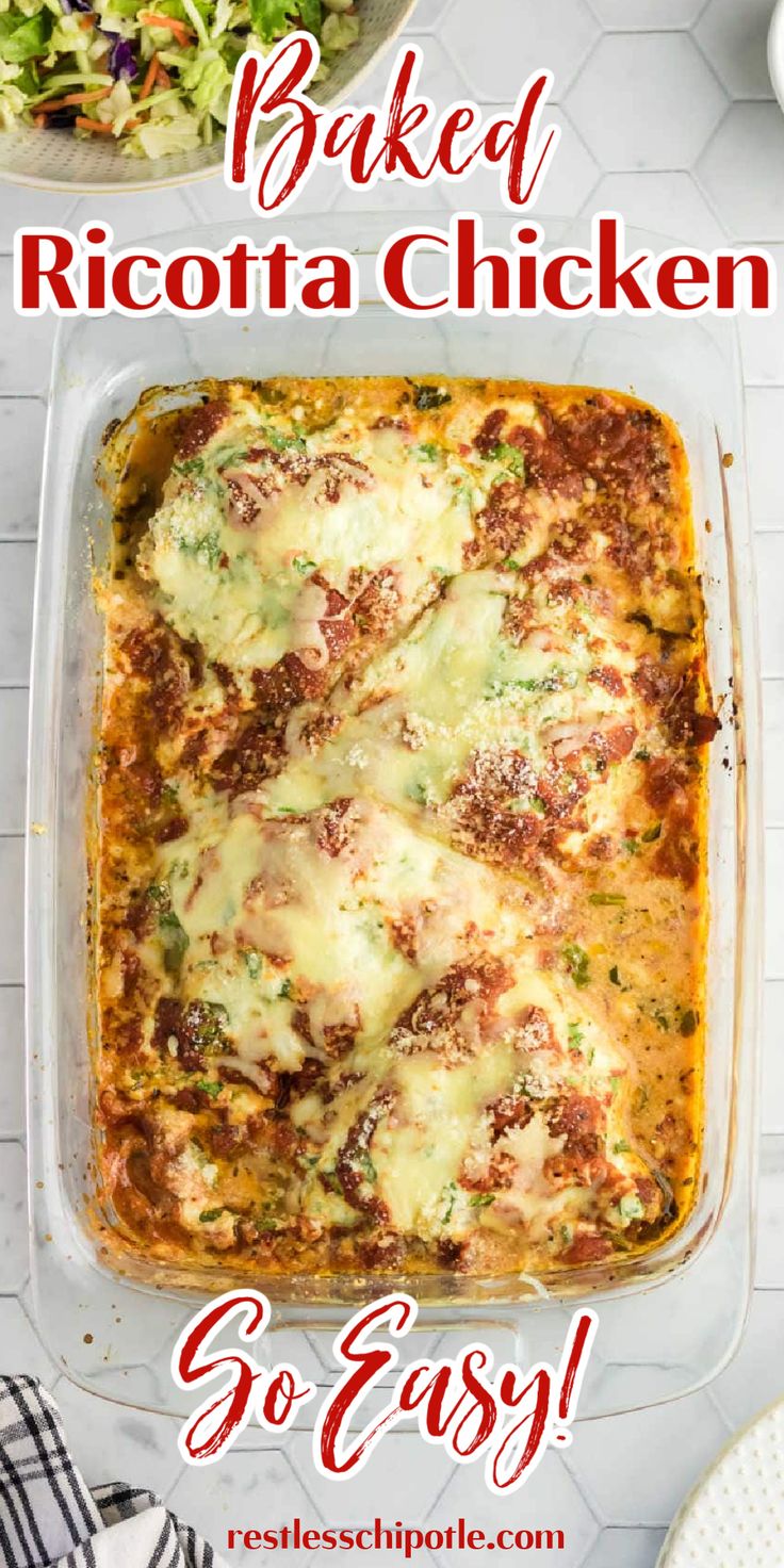 Overhead view of a casserole dish with chicken, marinara, and melty cheese. Ricotta Chicken, Ricotta Stuffed Chicken, Baked Ricotta, Chicken Breast Recipes Baked, Chicken Bake, Chicken Entrees, Tender Chicken Breast, Carb Foods, Chicken Main Dishes