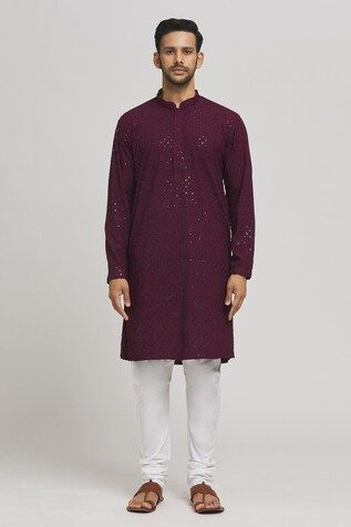 Dark maroon cotton kurta with mirror and thread embroidered geometric pattern. Comes with churidar. - Aza Fashions Cotton Sherwani With Gota Work For Festive Occasions, Eid Cotton Sherwani With Mirror Work, Festive Cotton Sherwani With Gota Work, Diwali Kurta With Mirror Work For Puja, Chanderi Kurta With Mirror Work For Puja, Diwali Cotton Traditional Wear With Mirror Work, Cotton Kurta With Mirror Work For Festivals, Eid Traditional Wear With Mirror Work In Cotton, Traditional Cotton Wear With Mirror Work For Eid