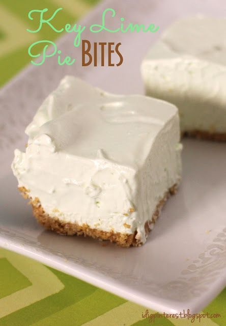 two pieces of cheesecake on a plate with the words key lime pie bites above it