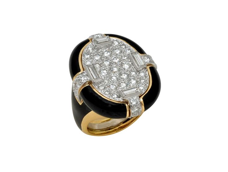 Baguette and brilliant-cut diamonds, black enamel, 18K gold, and platinum Luxury Diamond Ring With Baguette Diamonds, Luxury Black Diamond Ring, Luxury Round Enamel Ring With Diamond Accents, Elegant Enamel Rings With Diamond Accents, Elegant Oval Enamel Ring With Diamond, Luxury Enamel Diamond Ring With Single Cut Diamonds, Elegant Formal Enamel Ring With Single Cut Diamonds, Elegant Enamel Ring With Diamond Accents, Diamond Enamel Ring With Black Enamel