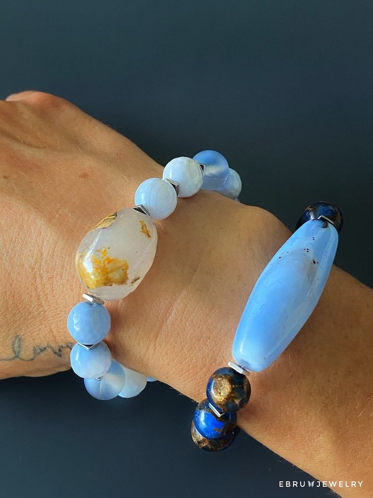 Ocean Inner Peace Bracelet Set - EBRU JEWELRY Handmade Blue Agate Bracelets, Elegant Turquoise Beaded Bracelets For Meditation, Blue Spiritual Hand Wrapped Bracelets, Blue Hand Wrapped Spiritual Bracelets, Spiritual Blue Hand-wrapped Bracelets, Hand Wrapped Blue Spiritual Bracelets, Handmade Agate Bracelets For Everyday, Hand Wrapped Beaded Bracelets For Meditation, Elegant Agate Beaded Bracelets For Healing