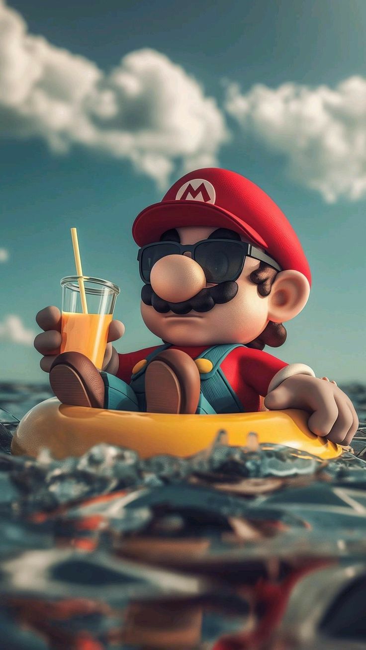 an image of mario in the water holding a drink and sitting on a paddle boat