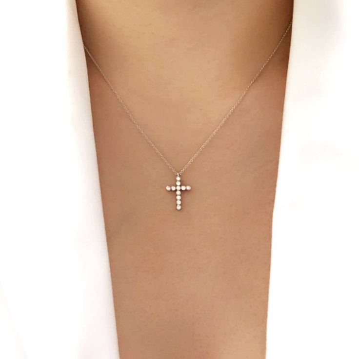 [This descriptions is for 1 necklace] ▷Diamond Cross Necklace (Small Version) ▷Diamond Color : G ▷Diamond Clarity : VS2 ▷Diamond Cut : Brilliant Round Cut ▷Diamond Total Carat Weight : 0.18Ct. 11 diamonds total ▷Chain & Pendant : 14K Solid Gold (18K available please contact me) ✦✦ Check out our shop: https://etsy.me/3jXlU7d ✦✦ Big version of this necklace: https://etsy.me/2GhgeyF ▷ Handmade in the United States ▷ Made to order ▷ Solid gold & Authentic Natural stones Necklaces: https://et Spiritual Sterling Silver Necklace With Diamond Accents, Spiritual Sterling Silver Necklaces With Diamond Accents, Diamond Cut Round Cross Necklace For Anniversary, Diamond Cut Cross Necklace For Anniversary, Round Diamond Cut Cross Necklace For Anniversary, Classic Cross Necklace In Diamond White, Fine Jewelry Sterling Silver Cross Necklace, Diamond White Classic Cross Necklace, Spiritual Diamond Necklace For Anniversary