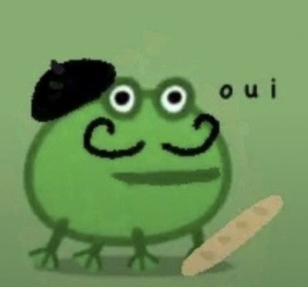 a green cartoon character with the words oui on it