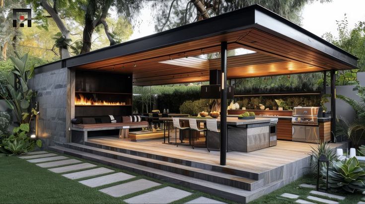 an outdoor kitchen and dining area in a backyard